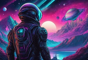 Full Back, synthwave, colossal Alien entities and space stuff, small human on The foreground in awe of The sheer scale of The infinite universe tattoo idea