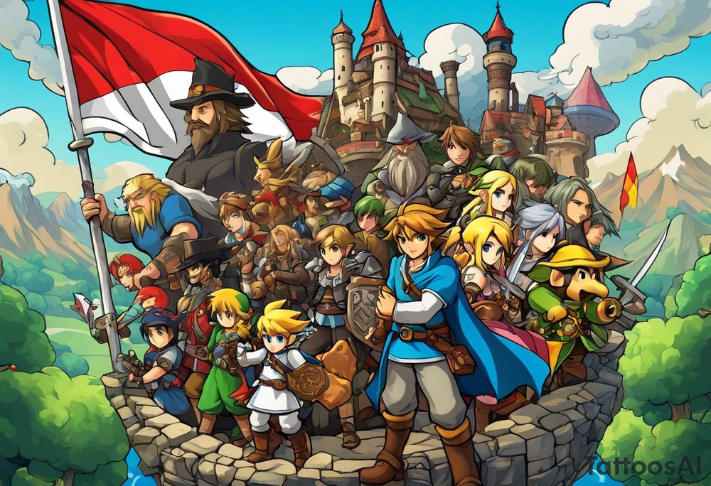 A video game scene encased in the flag of Germany and North Carolina surrounded by characters from Zelda, Final Fantasy 8, and Howel's Moving Castle. tattoo idea