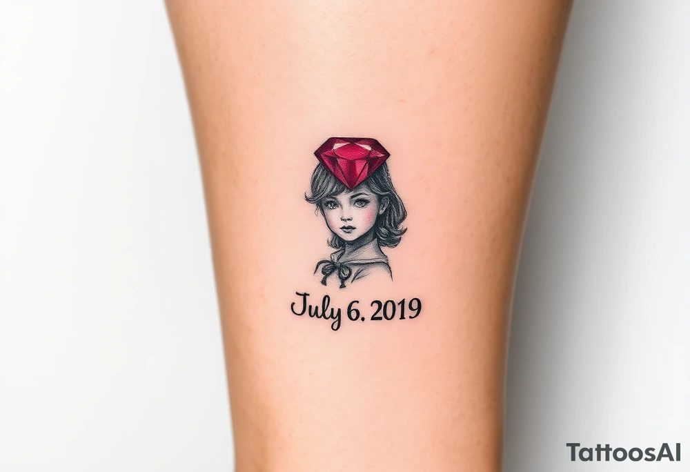 Ruby gemstone with a little girl with the birthday July 6, 2019 to fit on lower ankle tattoo idea