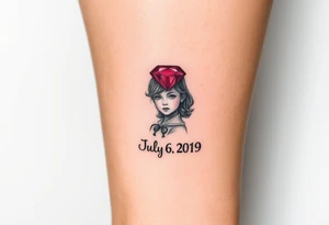 Ruby gemstone with a little girl with the birthday July 6, 2019 to fit on lower ankle tattoo idea