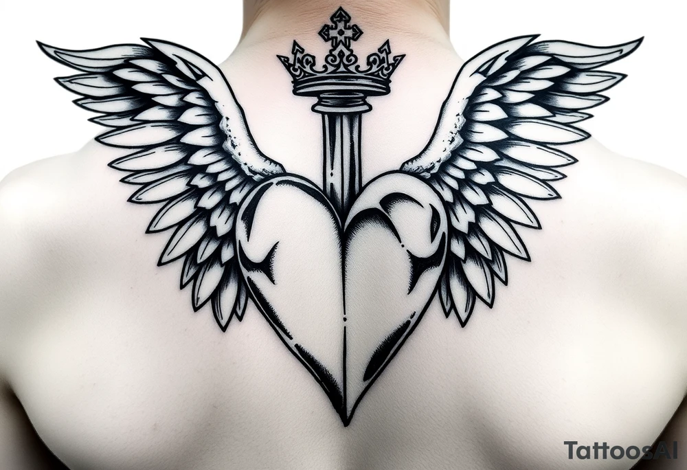 powerful 3d heart with the sword hilt on top an a crown on a top side, sith two angel gothic wings spread, but a but apart from the heart tattoo idea