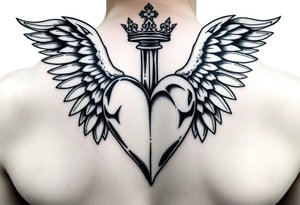 powerful 3d heart with the sword hilt on top an a crown on a top side, sith two angel gothic wings spread, but a but apart from the heart tattoo idea
