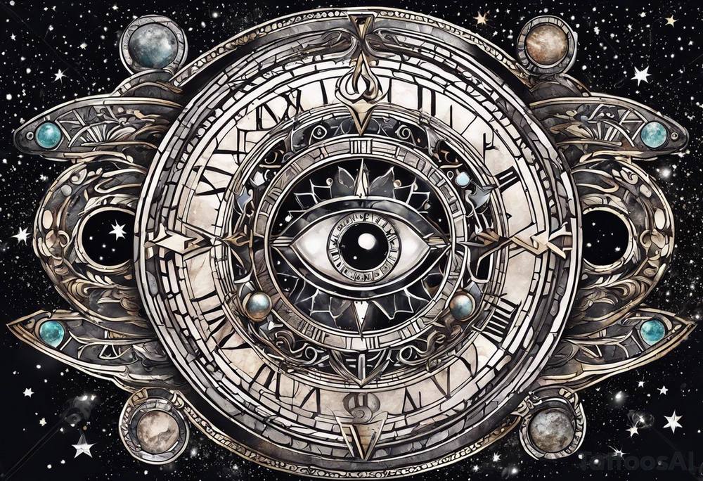 Matter, energy, space and time with an old stone theta symbol with stars in the background and Scorpio constellation tattoo idea