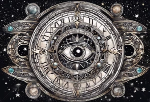 Matter, energy, space and time with an old stone theta symbol with stars in the background and Scorpio constellation tattoo idea