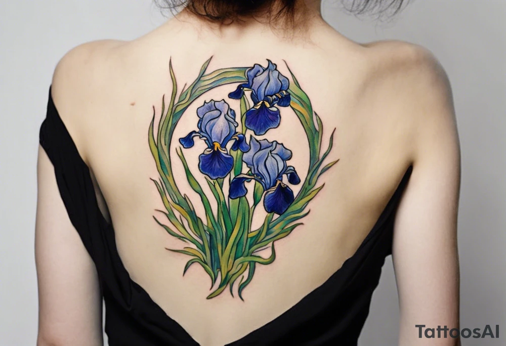 Create a small Vincent van Gogh Irises tattoo. The tattoo should take the form of a crescent, with vines gracefully intertwining at a central point in the middle of the wreath. Ensure that the design avoids the appearance of a bush and maintains a more structured and deliberate arrangement. The intended placement is on the upper chest. The overall design should be small in size while maintaining a delicate and artistic aesthetic. Pay attention to the graceful flow of the vines and the placement of the irises to achieve a refined and elegant look. tattoo idea