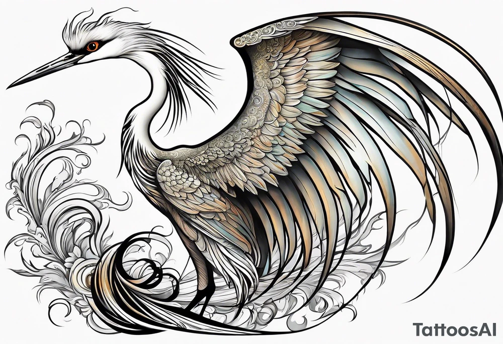 phoenix 
chinese 
egret
long tail 
elegant 
wings down
long neck tattoo idea