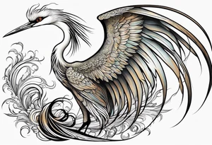phoenix 
chinese 
egret
long tail 
elegant 
wings down
long neck tattoo idea
