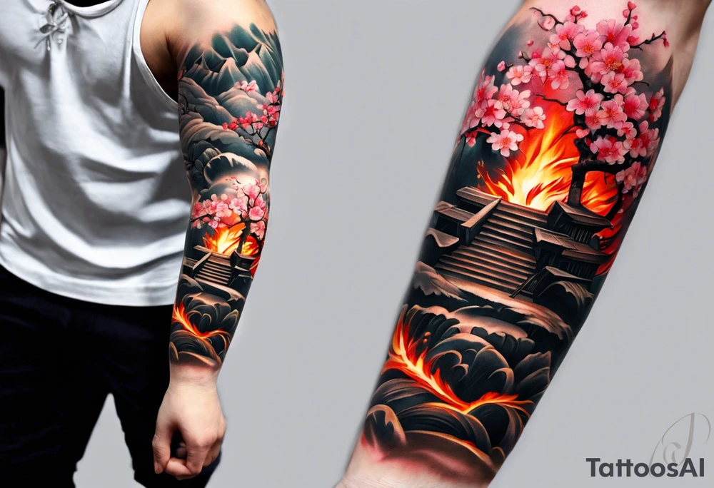 men's tattoo, on all forearms, sakura on one side of the forearm, on the other side of the forearm there is sakura, but on fire tattoo idea