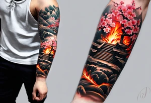 men's tattoo, on all forearms, sakura on one side of the forearm, on the other side of the forearm there is sakura, but on fire tattoo idea
