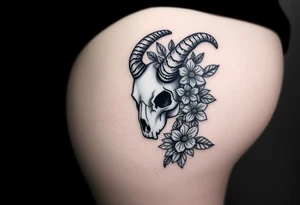 The sign capricorn as a realistic skull with leaves and flowers tattoo idea