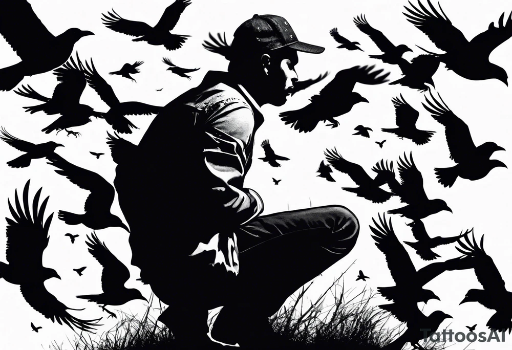 Silhouette of a man on his knees bent over with crows flying out his back like pieces of him flying away. tattoo idea