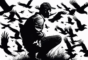 Silhouette of a man on his knees bent over with crows flying out his back like pieces of him flying away. tattoo idea
