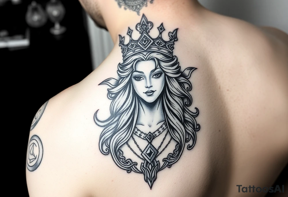 powerful goddess with a crown shape as rempart in a gemotrical style tattoo idea