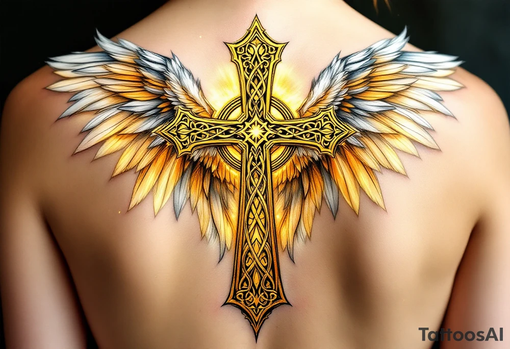 A majestic Celtic cross with angel wings unfolding behind it, glowing with golden light and white feathers. tattoo idea