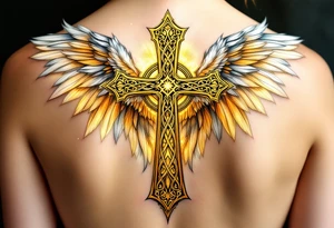 A majestic Celtic cross with angel wings unfolding behind it, glowing with golden light and white feathers. tattoo idea