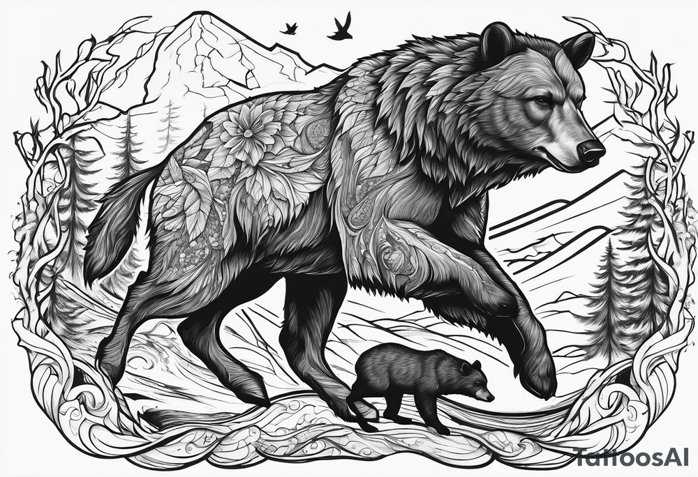 Hunter hunting deer being chased by a bear tattoo idea