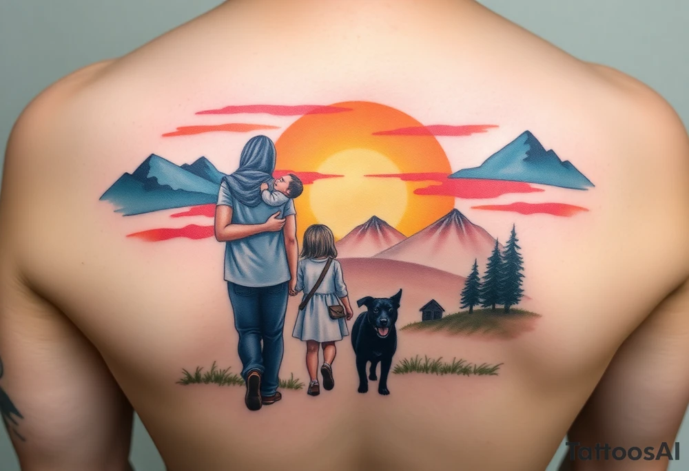 Family 2 parents, 1 baby boy, one 3-year girl and one black dog walking through the the sunset and mountains tattoo idea