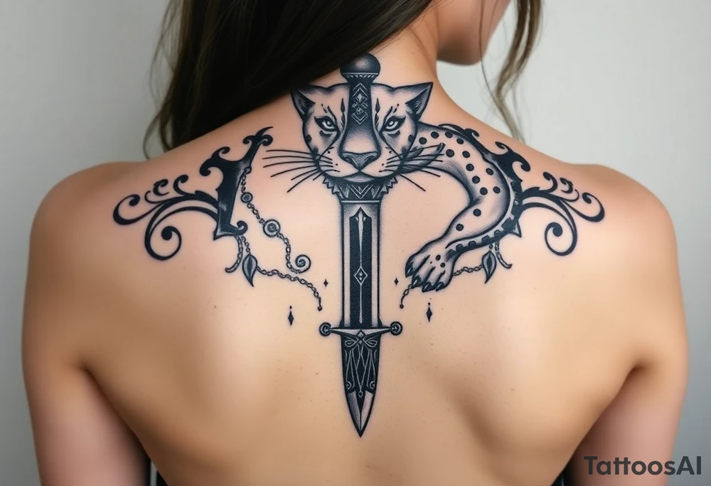 mystical panther around an ancient dagger with jeweled hilt tattoo idea