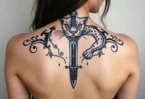 mystical panther around an ancient dagger with jeweled hilt tattoo idea