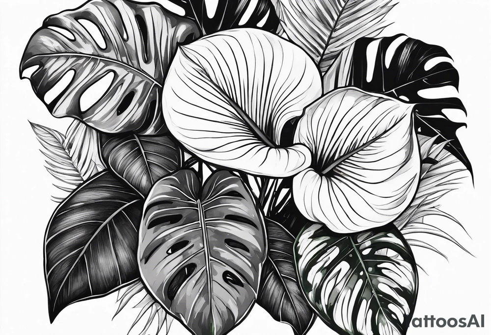 Tropical leaves with anthurium and Alocasia line work sleeve tattoo idea