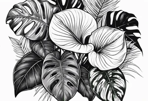 Tropical leaves with anthurium and Alocasia line work sleeve tattoo idea