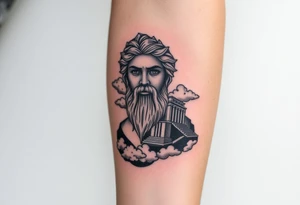 greek god with clouds and temple tattoo idea