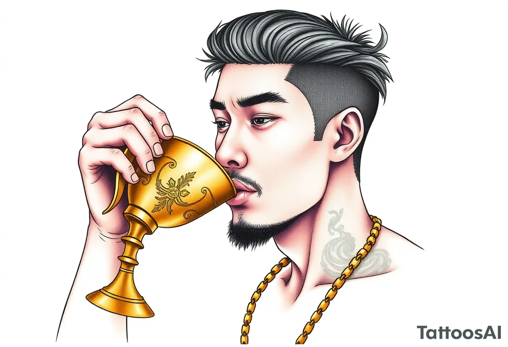 Handsome Asian young guy is drinking from medieval golden cup tattoo idea