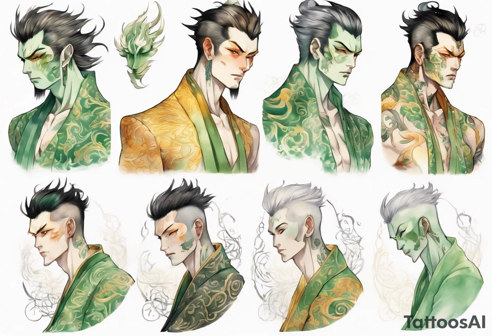 A tall beautiful man with pale green skin and long of green and gold and auburn and silver with amber eyes tattoo idea