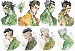A tall beautiful man with pale green skin and long of green and gold and auburn and silver with amber eyes tattoo idea
