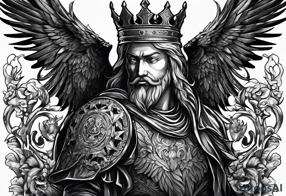 Illustrate a powerful scene where the angelic king checkmates the demonic king, symbolizing the triumph of good over evil in the strategic game of life. tattoo idea