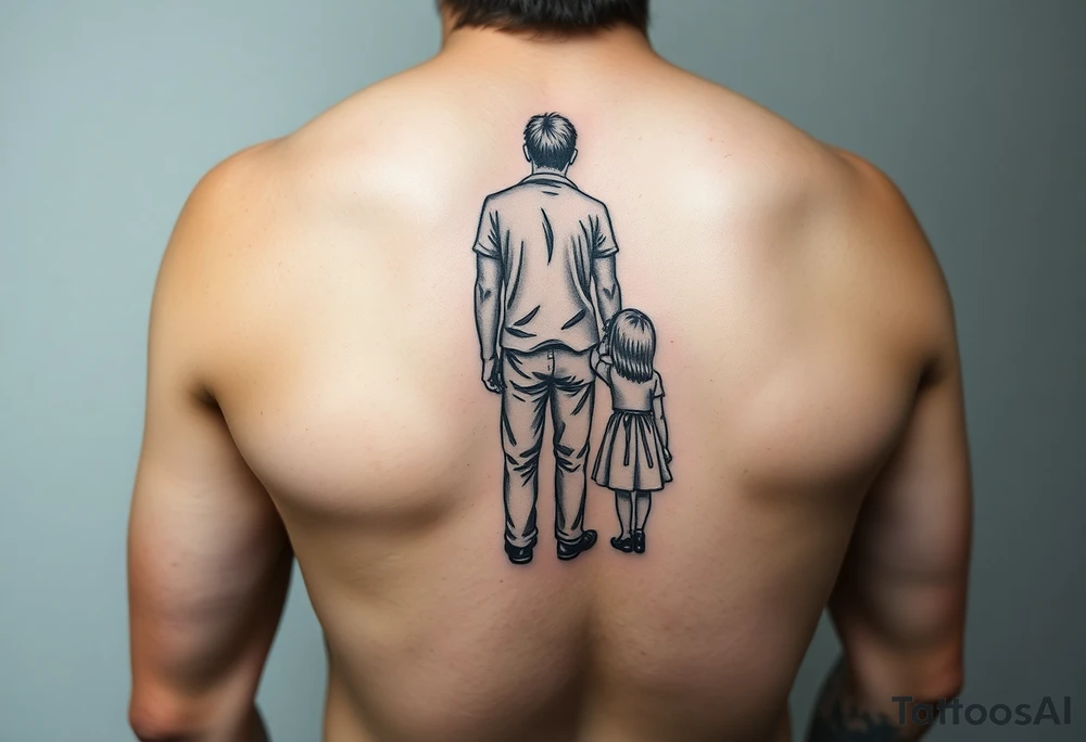 A tattoo on his forearm depicting a dad standing in the back and holding his daughter and son's hand together looking to the future. tattoo idea