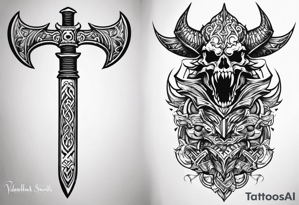 Valhalla death 
prayer sword dragon head axe tattoo idea