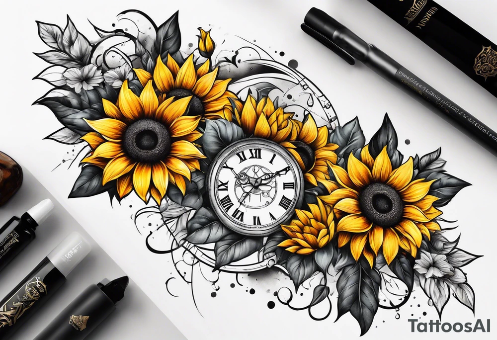 Sleeve with Roman numeral and sunflowers tattoo idea
