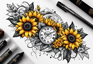 Sleeve with Roman numeral and sunflowers tattoo idea