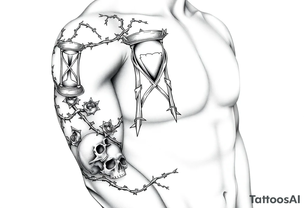 barbed wire hourglass bad luck vines bones skulls reaper a large text of 사랑은 아프다 tattoo idea