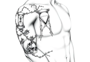 barbed wire hourglass bad luck vines bones skulls reaper a large text of 사랑은 아프다 tattoo idea