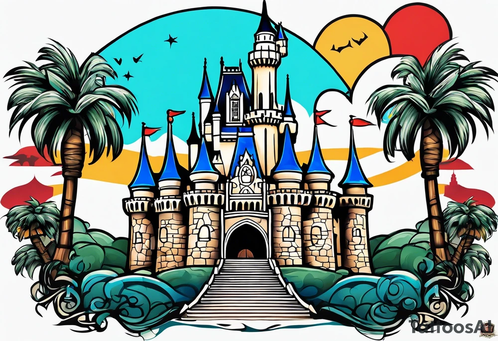 disney world castle with mickey mouse holding a knife in one hand and a stick in the other hand with palm trees and the celtic symbol for family tattoo idea
