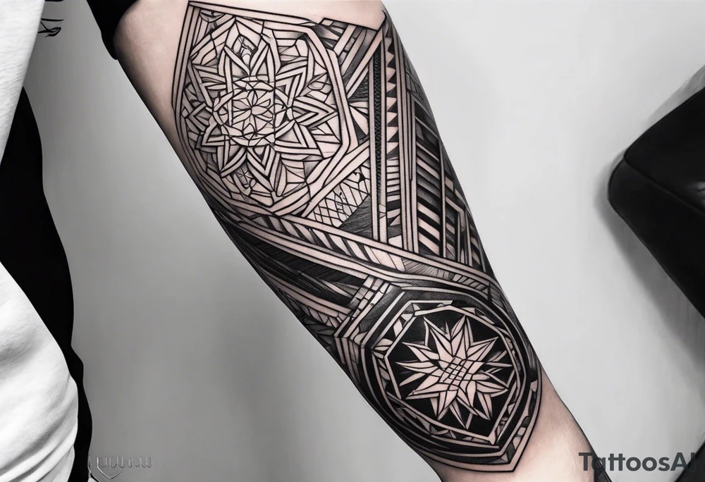 Mix match geometric pattern full leg and butt sleeve male tattoo idea