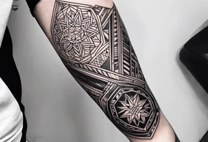Mix match geometric pattern full leg and butt sleeve male tattoo idea