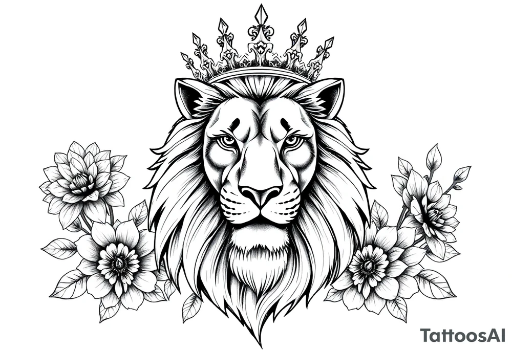 powerful majestic lion with a crown, surrounded by dahlia ornaments tattoo idea