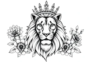powerful majestic lion with a crown, surrounded by dahlia ornaments tattoo idea