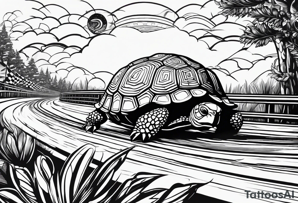 create a tatoo style image if the tortoise winning the face on a race track passing the hair on the tree. make the tortoise passing through the finsh line while raceway flags air flaring in the air at the finish line. make this tatoo style tattoo idea