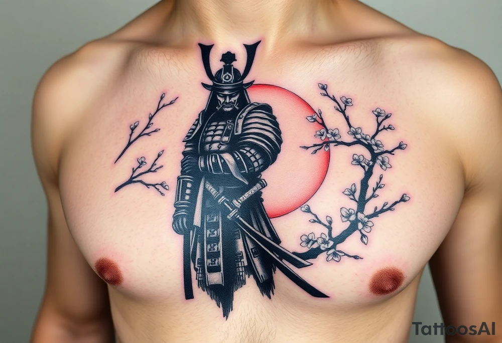 noble samurai warrior silhouette at sunset with cherry blossoms tattoo idea