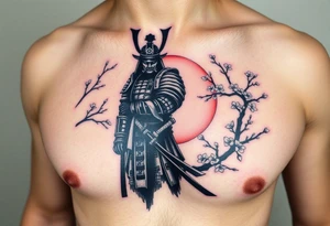 noble samurai warrior silhouette at sunset with cherry blossoms tattoo idea