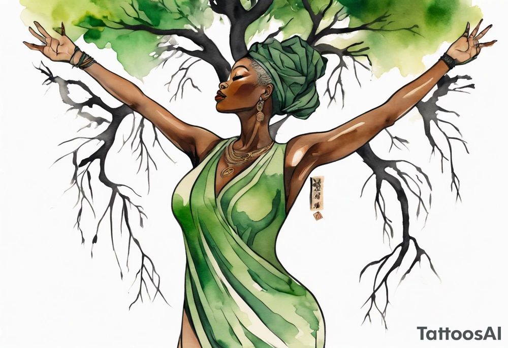 a tree trunk with roots that is a beautiful black woman from the waist up, arms reaching up to the sun, wearing a green tunic tattoo idea