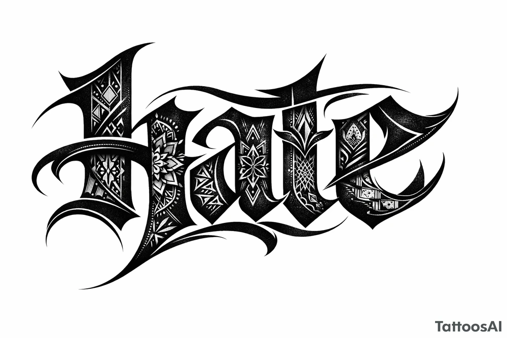 Blackwork script with sharp, angular lines spelling 'hate' with intricate geometric patterns. tattoo idea