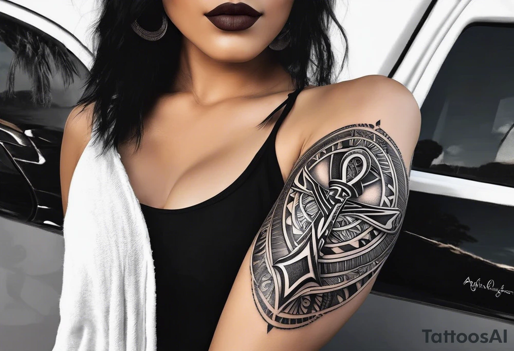 ankh mixed maori whole arm tattoo idea