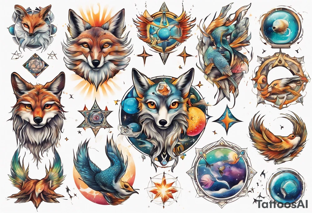 fisch, fuchs und eule , symetrie universum, bunt tattoo idea