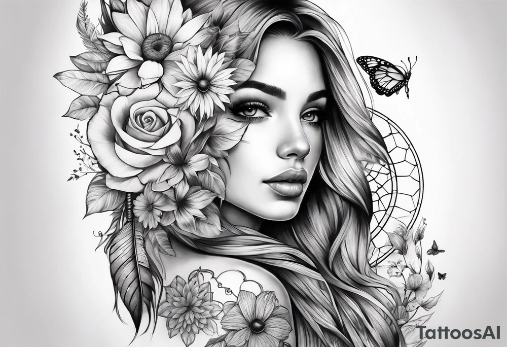 arm sleeve with dreamcatcher, rainbow flowers and one butterfly tattoo idea
