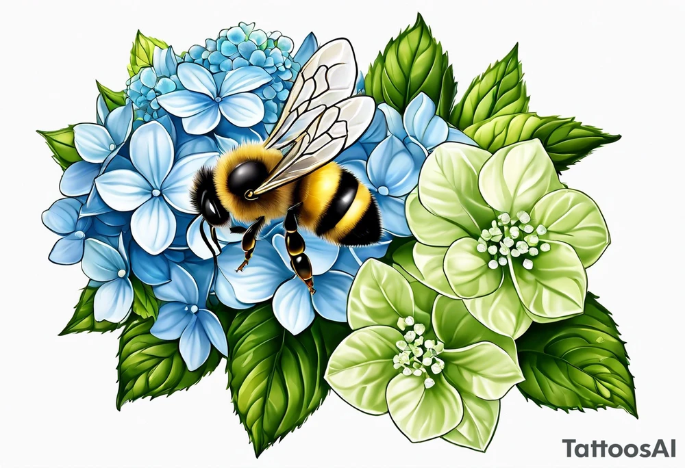 Small tattoo. There’s a hydrangea and a bee but they are not touching. Make the bee smaller than the hydrangea and have the bee off to the side. Bee is smaller than the hydrangea tattoo idea